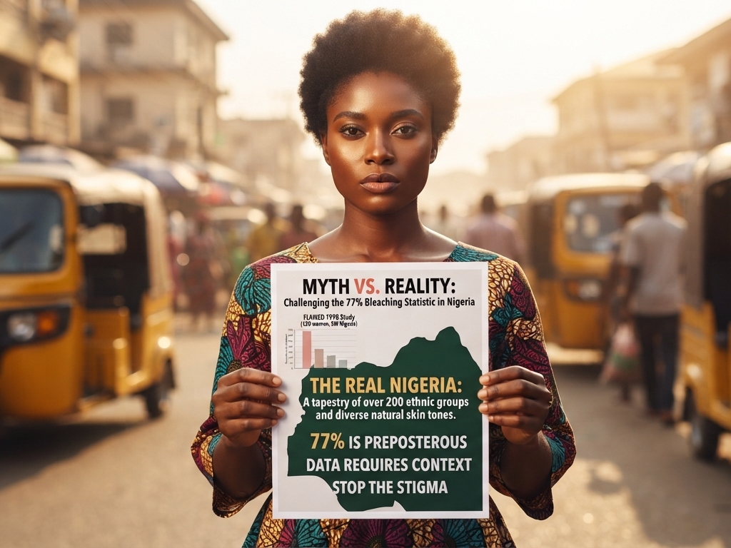 Woman in Lagos holding a sign challenging skin bleaching statistics